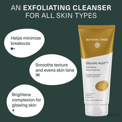 Glycolic Acid Facial Cleanser and Exfoliating Scrub - 10% Glycolic Acid and Salicylic Acid - 6 Fl. Oz